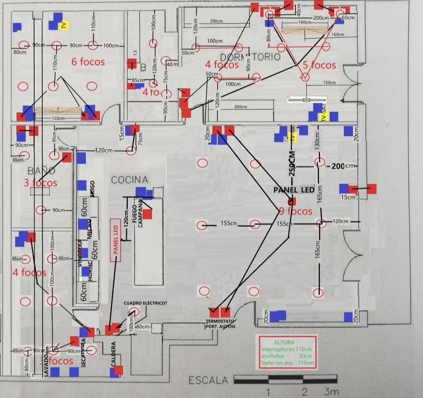 Plano de distribución de puntos de luz con detalle de focos
