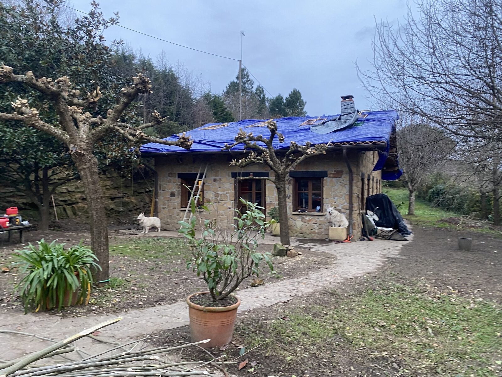 Vivienda con cubierta protegida con lona antes de retirar las tejas